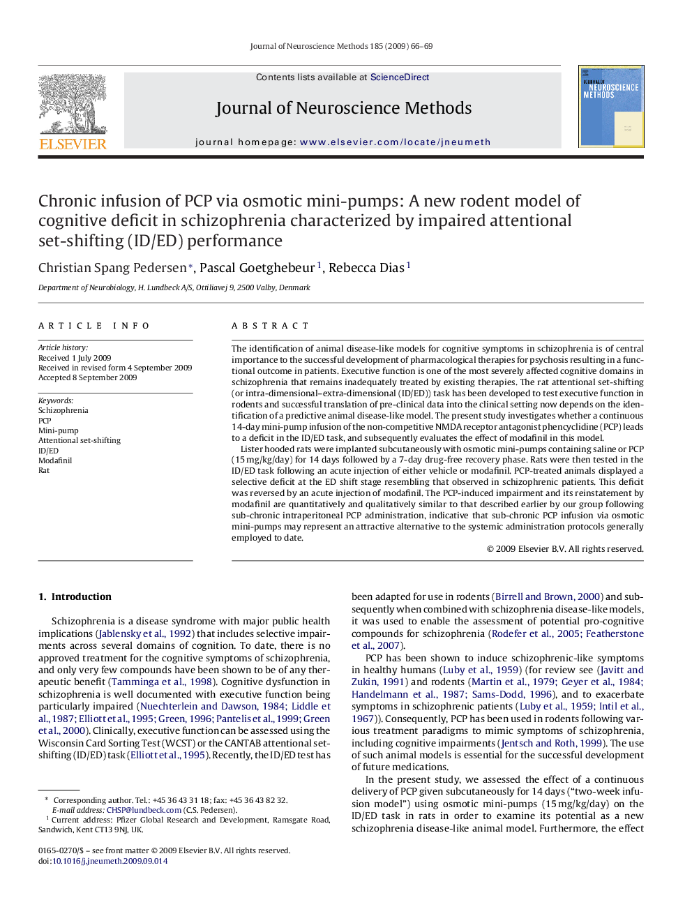 Chronic infusion of PCP via osmotic mini-pumps: A new rodent model of cognitive deficit in schizophrenia characterized by impaired attentional set-shifting (ID/ED) performance