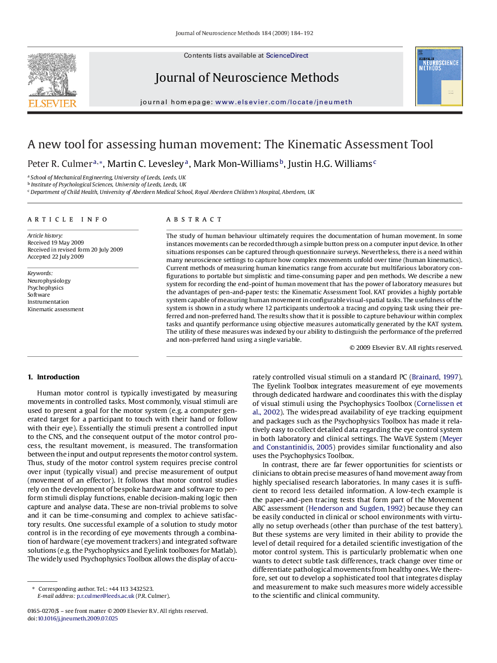 A new tool for assessing human movement: The Kinematic Assessment Tool