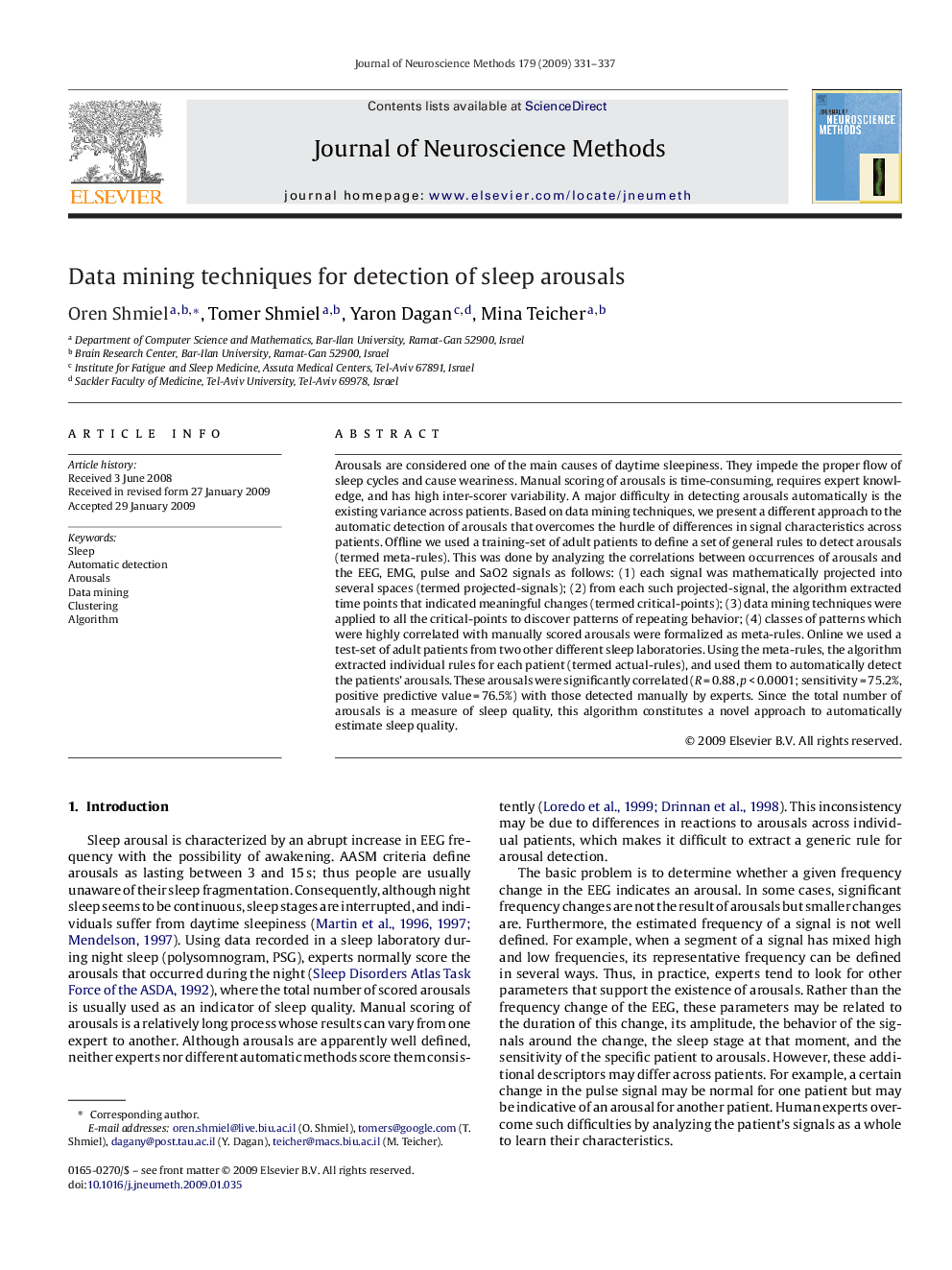 Data mining techniques for detection of sleep arousals