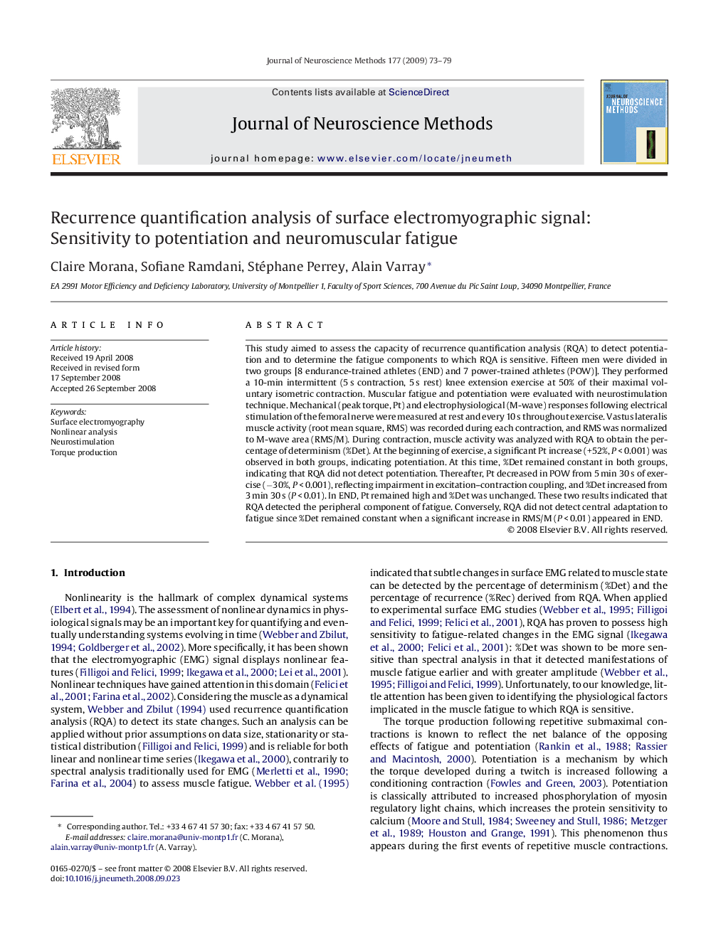 Recurrence quantification analysis of surface electromyographic signal: Sensitivity to potentiation and neuromuscular fatigue