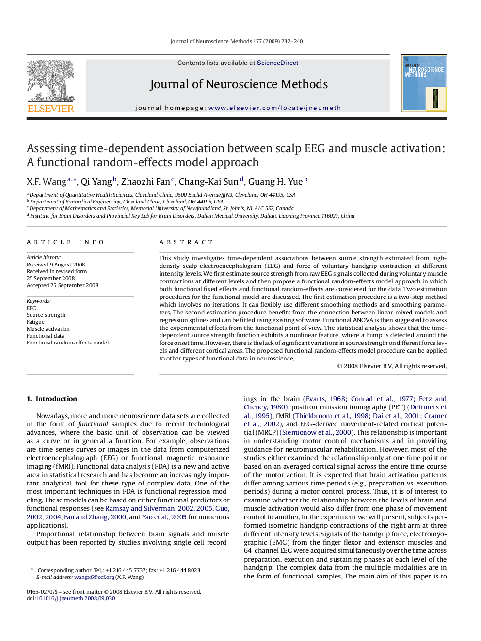 Assessing time-dependent association between scalp EEG and muscle activation: A functional random-effects model approach