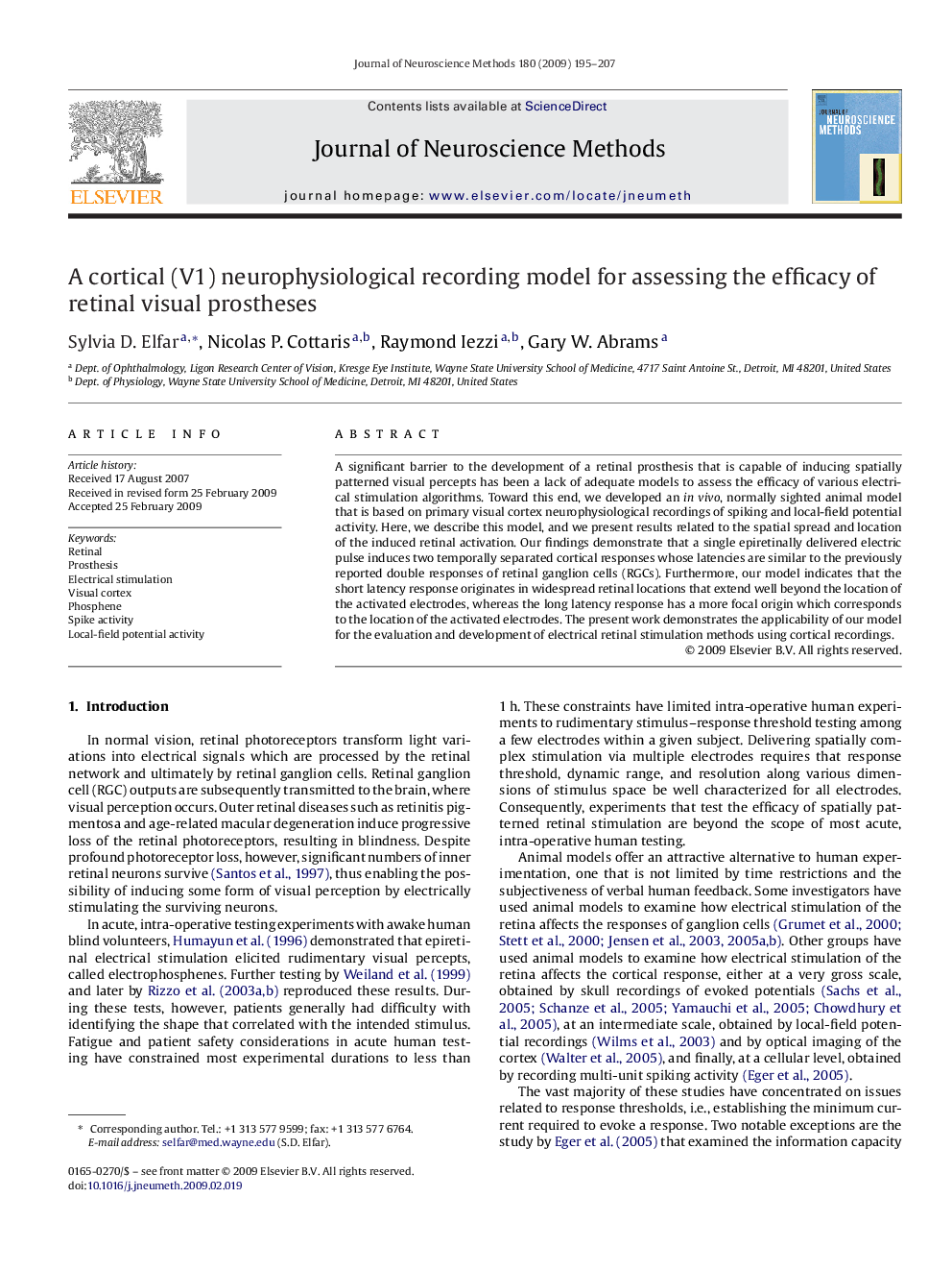 A cortical (V1) neurophysiological recording model for assessing the efficacy of retinal visual prostheses