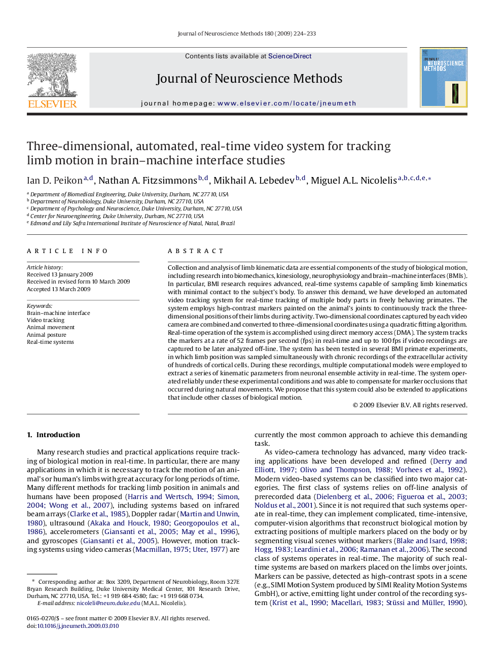 Three-dimensional, automated, real-time video system for tracking limb motion in brain-machine interface studies