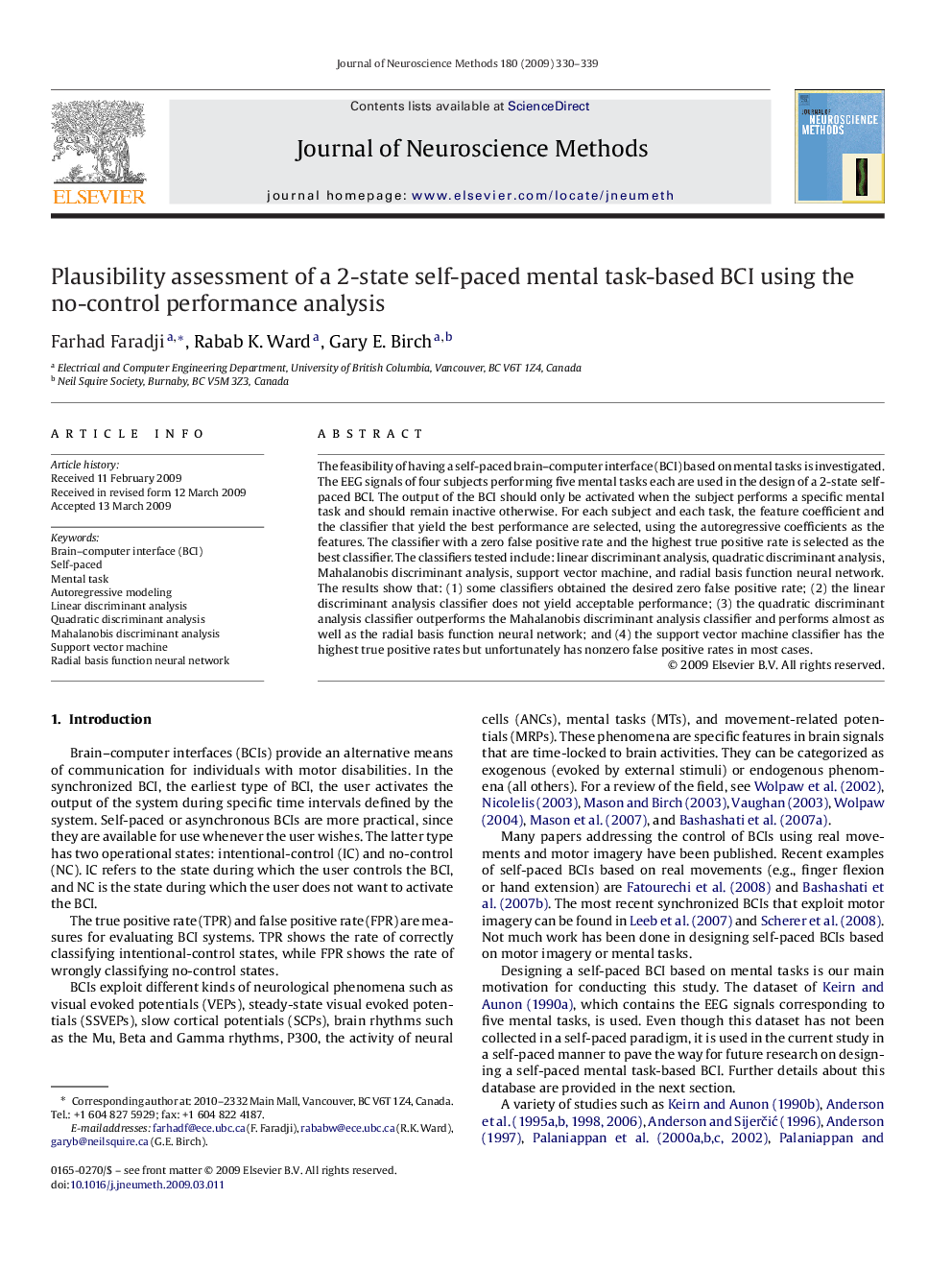 Plausibility assessment of a 2-state self-paced mental task-based BCI using the no-control performance analysis