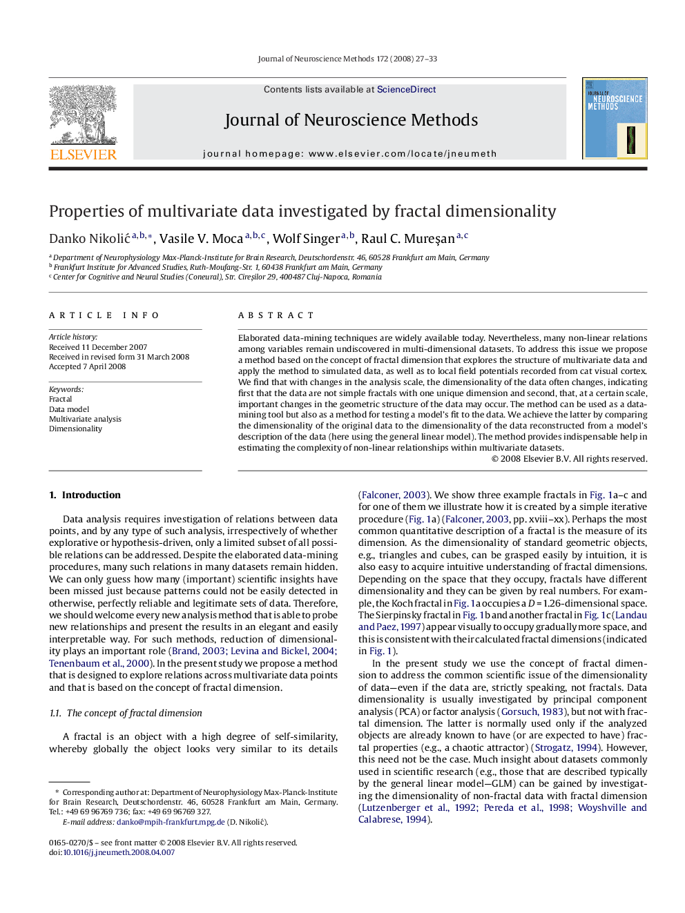 Properties of multivariate data investigated by fractal dimensionality