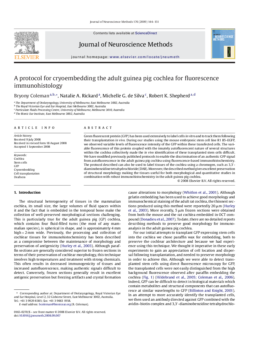 A protocol for cryoembedding the adult guinea pig cochlea for fluorescence immunohistology