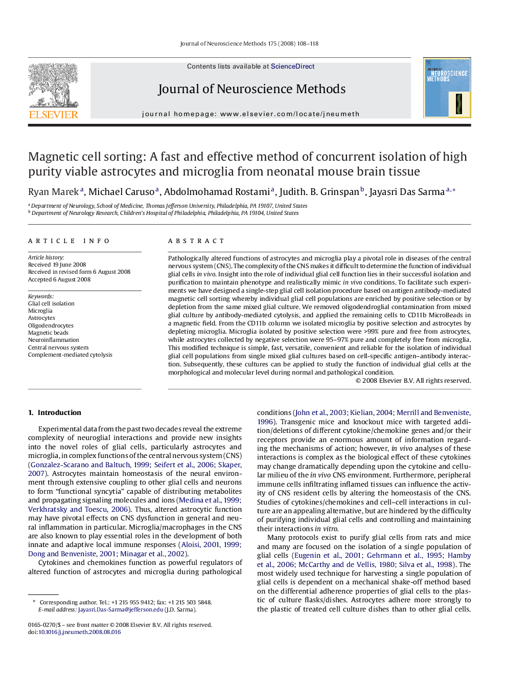 Magnetic cell sorting: A fast and effective method of concurrent isolation of high purity viable astrocytes and microglia from neonatal mouse brain tissue