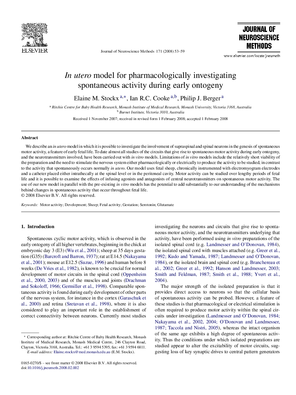 In utero model for pharmacologically investigating spontaneous activity during early ontogeny