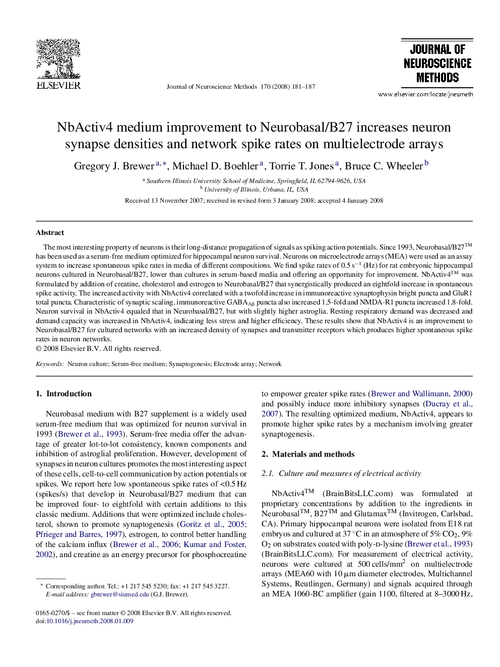 NbActiv4 medium improvement to Neurobasal/B27 increases neuron synapse densities and network spike rates on multielectrode arrays