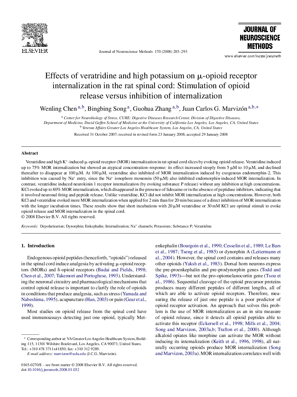 عکس صفحه اول مقاله: Effects of veratridine and high potassium on μ-opioid receptor internalization in the rat spinal cord: Stimulation of opioid release versus inhibition of internalization Effects of veratridine and high potassium on μ-opioid receptor internalization in the rat spinal cord: Stimulation of opioid release versus inhibition of internalization