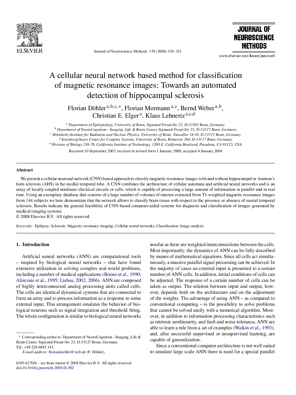 A cellular neural network based method for classification of magnetic resonance images: Towards an automated detection of hippocampal sclerosis