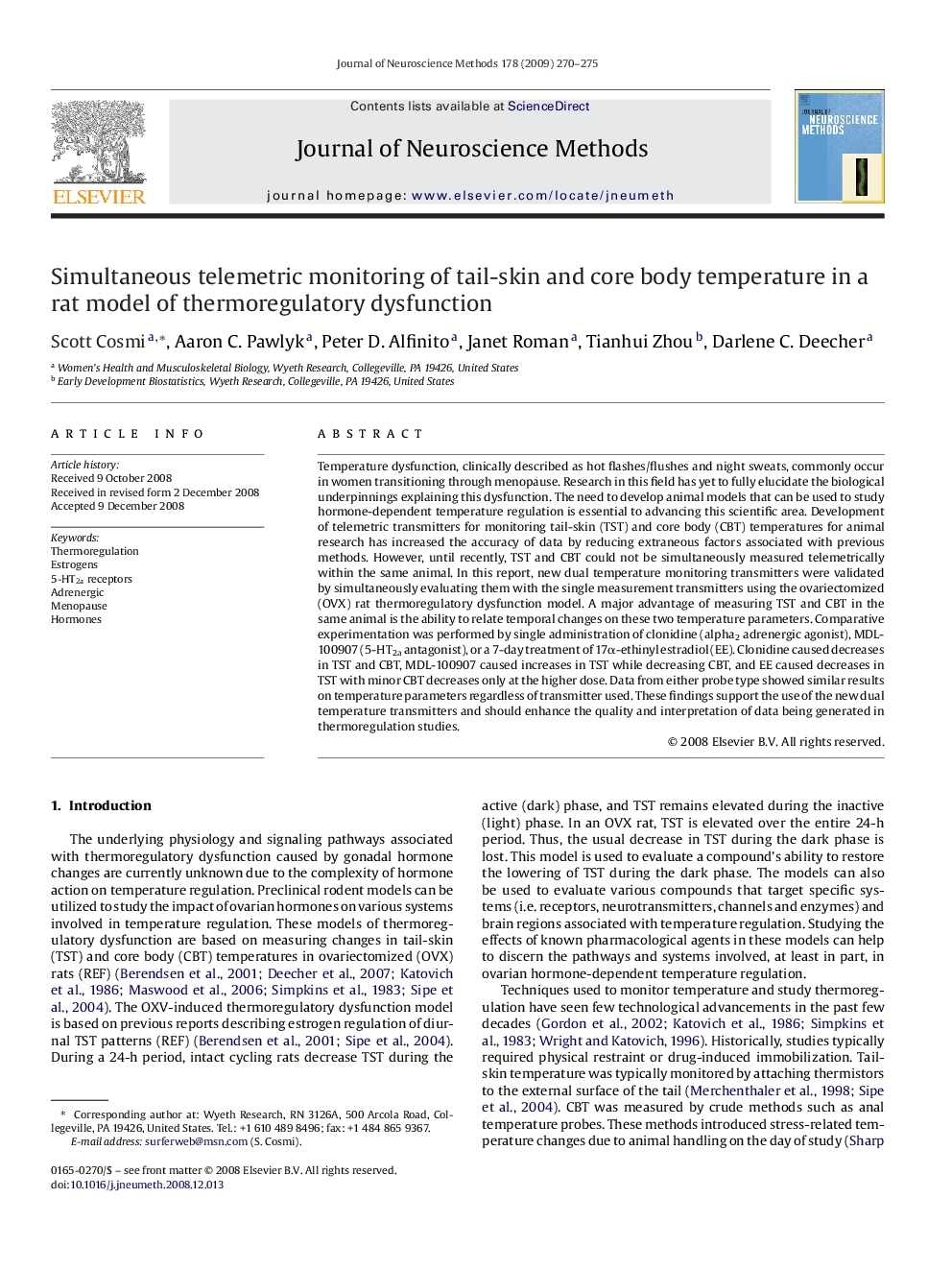 Simultaneous telemetric monitoring of tail-skin and core body temperature in a rat model of thermoregulatory dysfunction