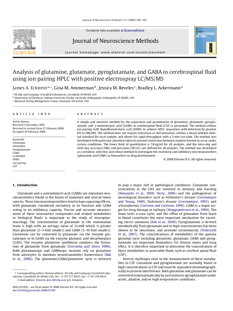 Analysis of glutamine, glutamate, pyroglutamate, and GABA in cerebrospinal fluid using ion pairing HPLC with positive electrospray LC/MS/MS