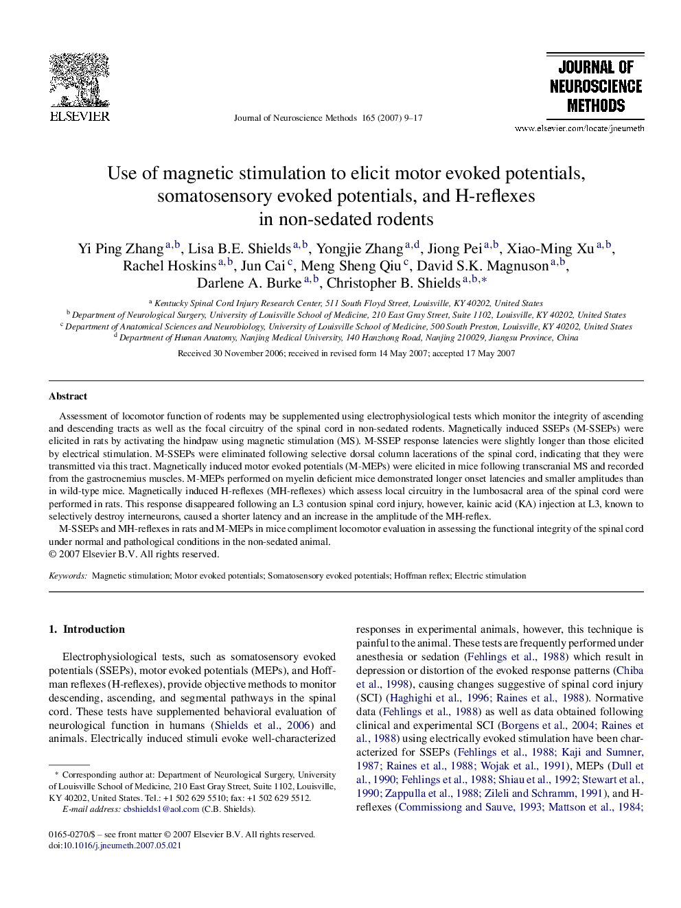 Use of magnetic stimulation to elicit motor evoked potentials, somatosensory evoked potentials, and H-reflexes in non-sedated rodents