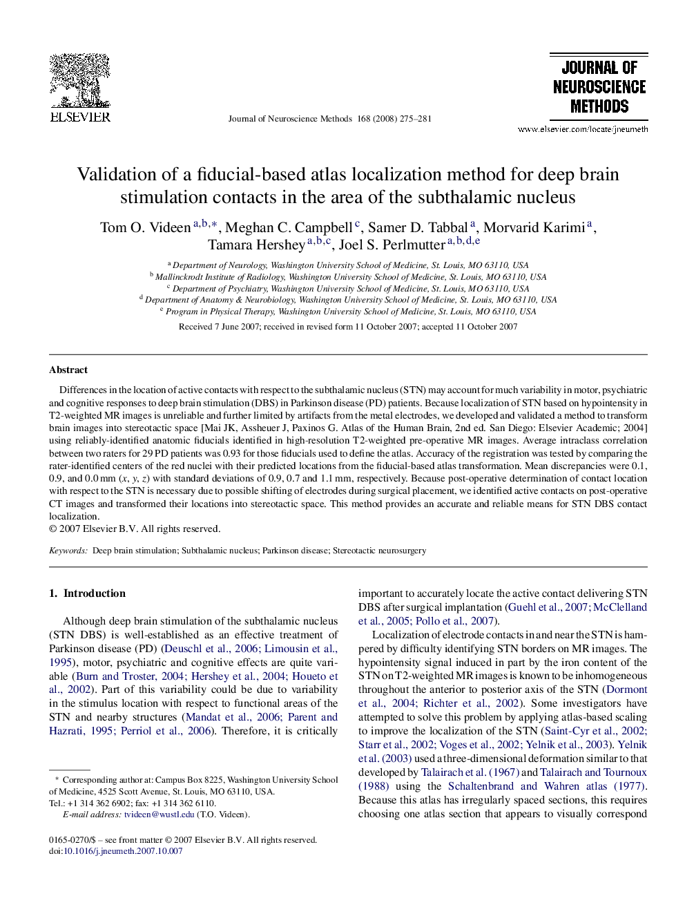 Validation of a fiducial-based atlas localization method for deep brain stimulation contacts in the area of the subthalamic nucleus