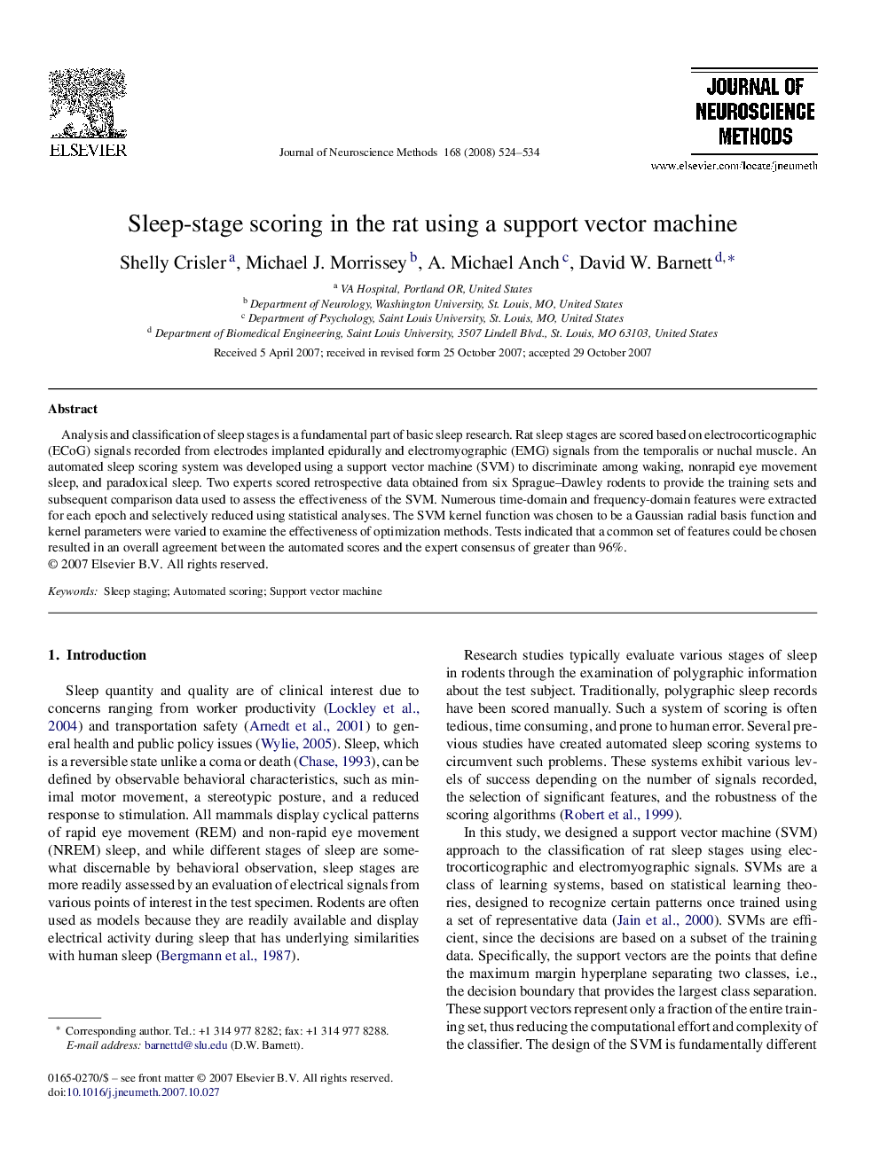 Sleep-stage scoring in the rat using a support vector machine