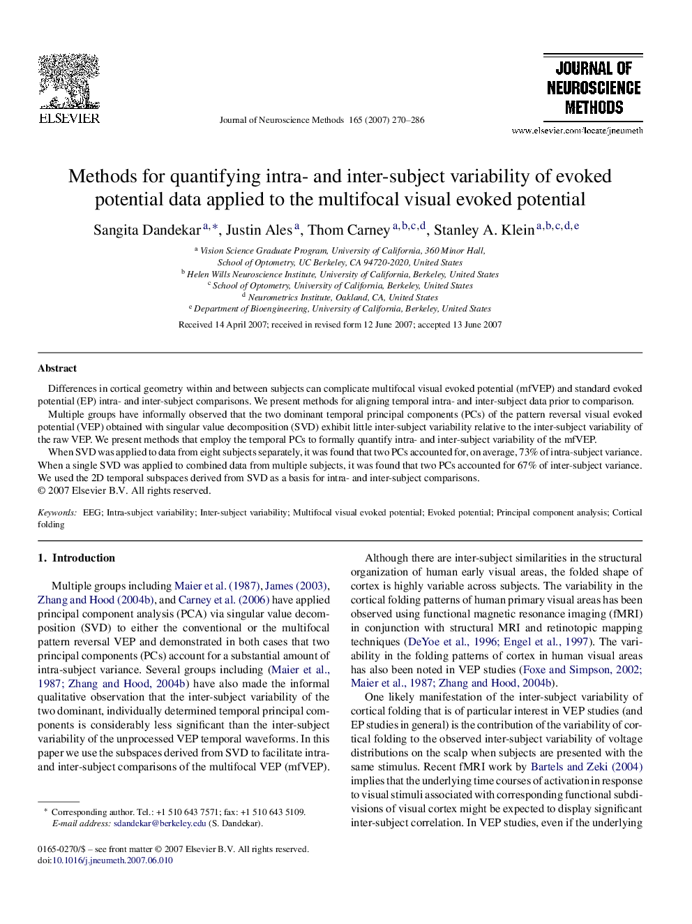 Methods for quantifying intra- and inter-subject variability of evoked potential data applied to the multifocal visual evoked potential