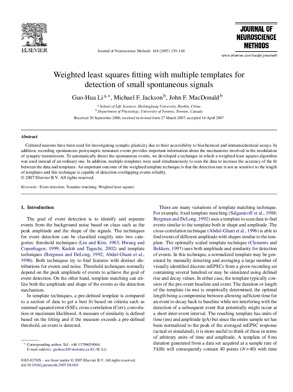 Weighted least squares fitting with multiple templates for detection of small spontaneous signals