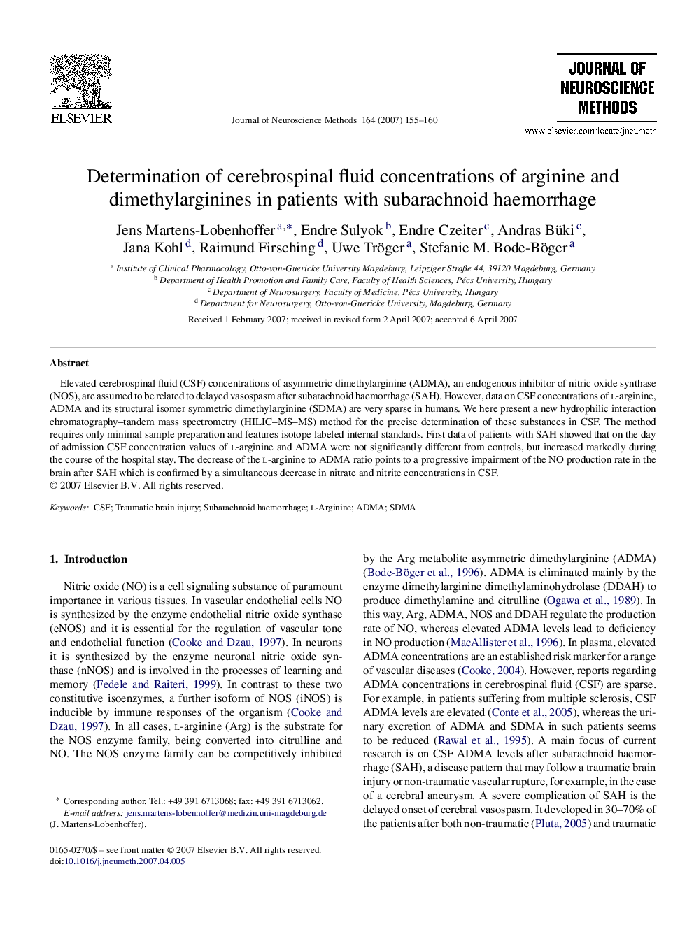 Determination of cerebrospinal fluid concentrations of arginine and dimethylarginines in patients with subarachnoid haemorrhage