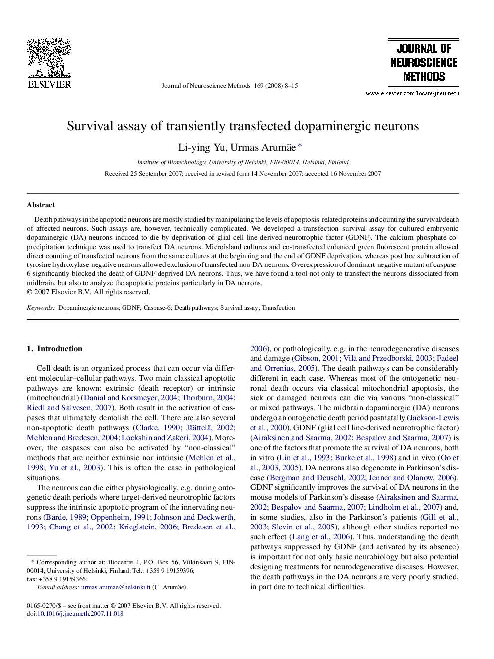 Survival assay of transiently transfected dopaminergic neurons