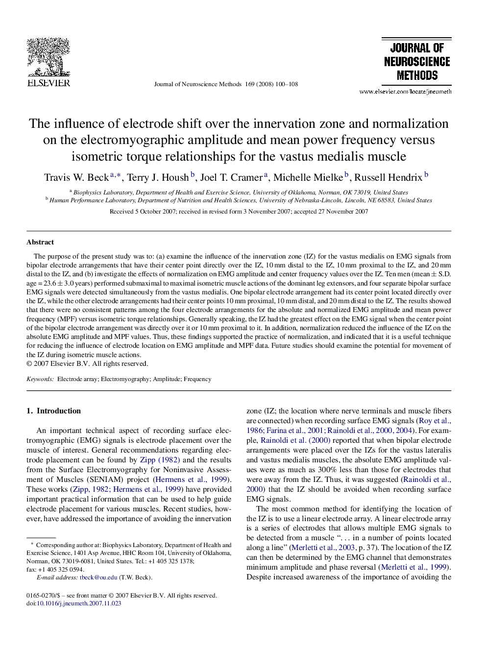 The influence of electrode shift over the innervation zone and normalization on the electromyographic amplitude and mean power frequency versus isometric torque relationships for the vastus medialis muscle