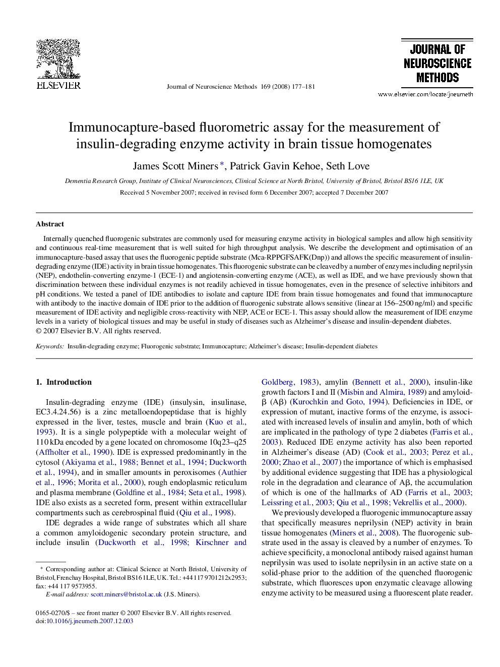 Immunocapture-based fluorometric assay for the measurement of insulin-degrading enzyme activity in brain tissue homogenates