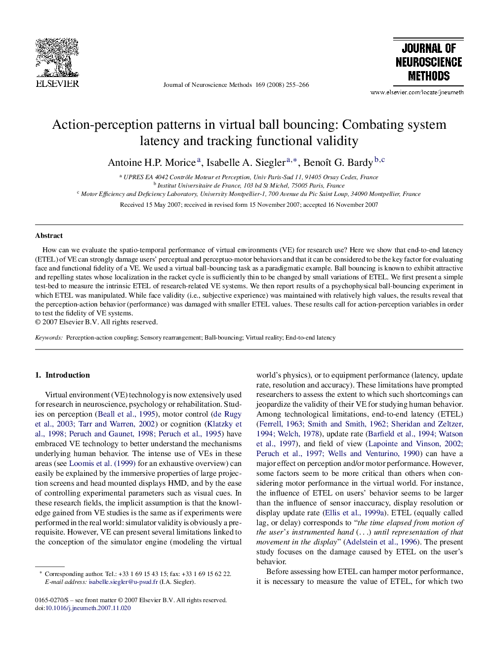 Action-perception patterns in virtual ball bouncing: Combating system latency and tracking functional validity