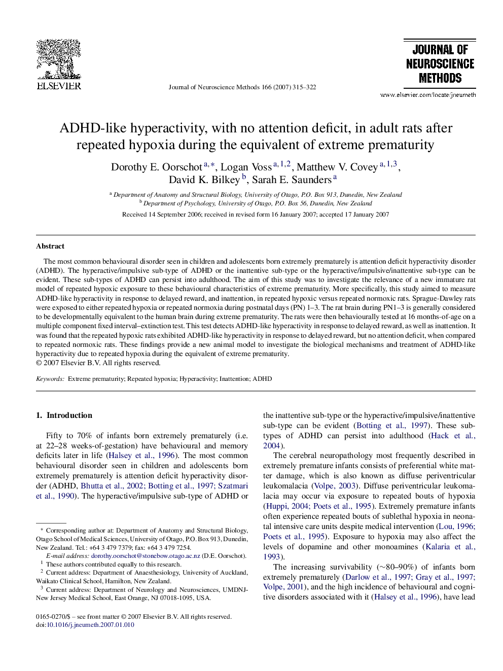 ADHD-like hyperactivity, with no attention deficit, in adult rats after repeated hypoxia during the equivalent of extreme prematurity