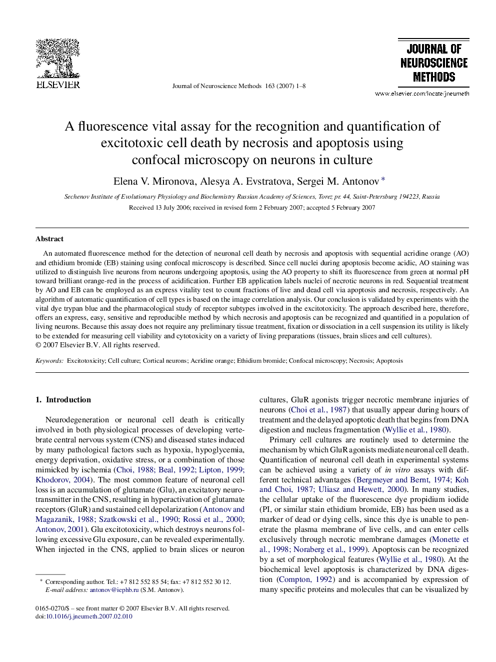 A fluorescence vital assay for the recognition and quantification of excitotoxic cell death by necrosis and apoptosis using confocal microscopy on neurons in culture