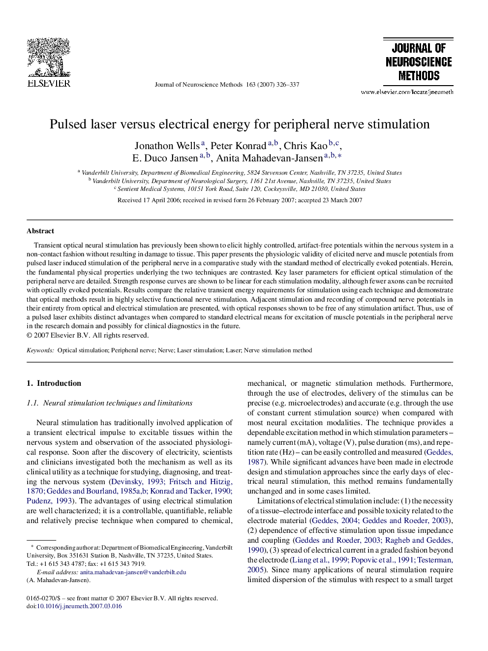 Pulsed laser versus electrical energy for peripheral nerve stimulation