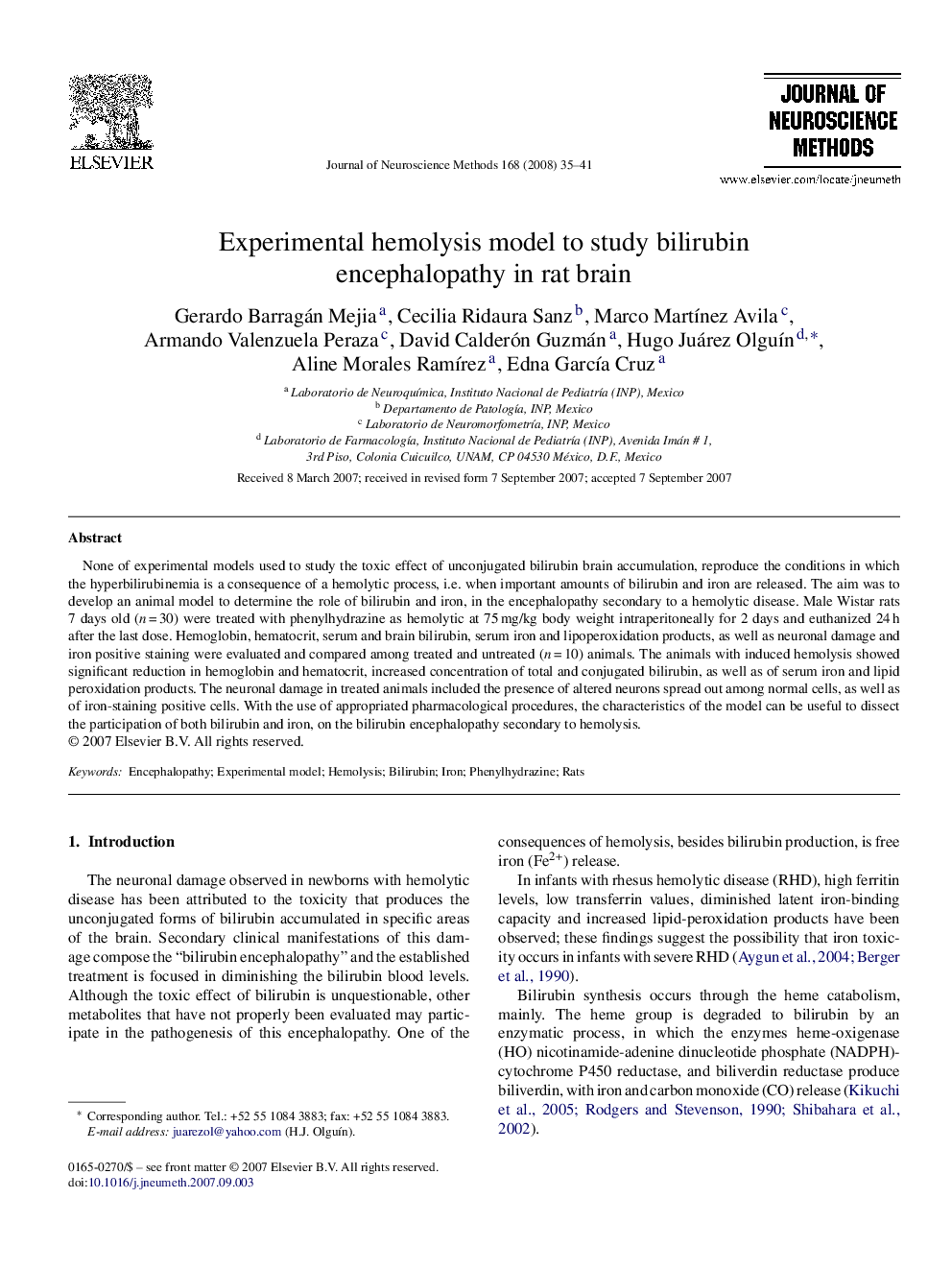 Experimental hemolysis model to study bilirubin encephalopathy in rat brain