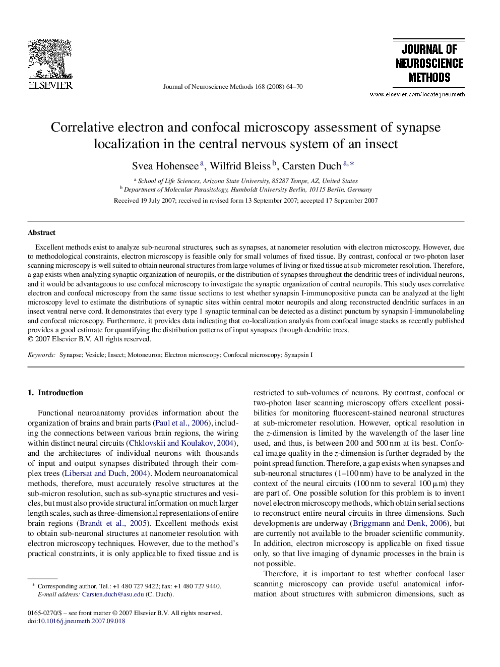 Correlative electron and confocal microscopy assessment of synapse localization in the central nervous system of an insect