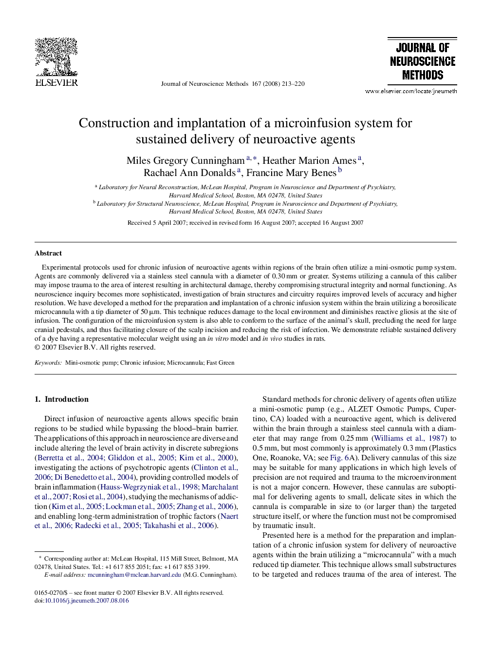 Construction and implantation of a microinfusion system for sustained delivery of neuroactive agents