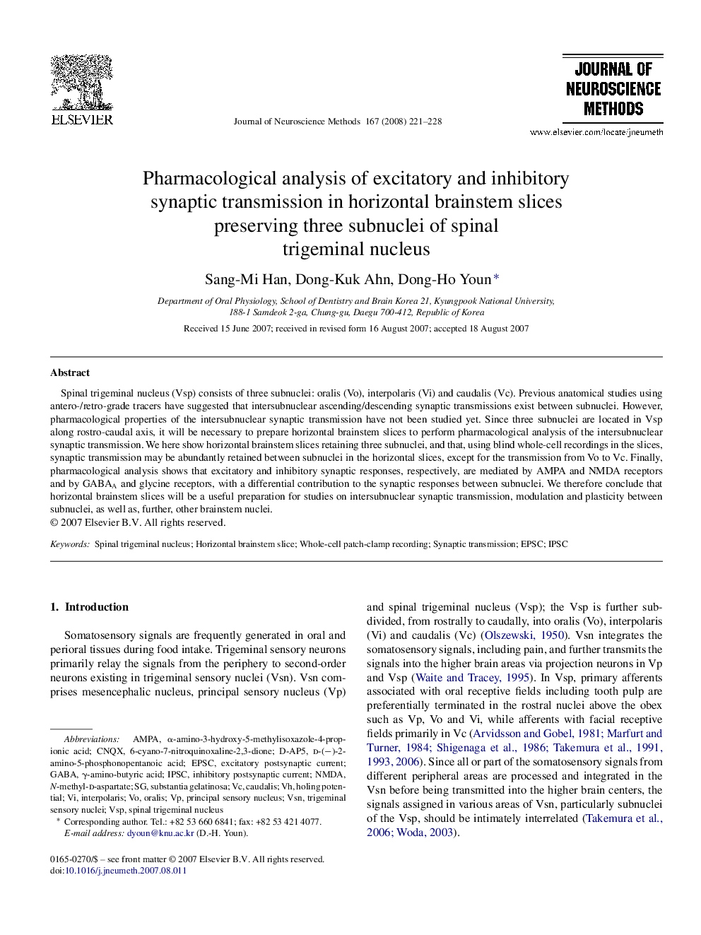 Pharmacological analysis of excitatory and inhibitory synaptic transmission in horizontal brainstem slices preserving three subnuclei of spinal trigeminal nucleus