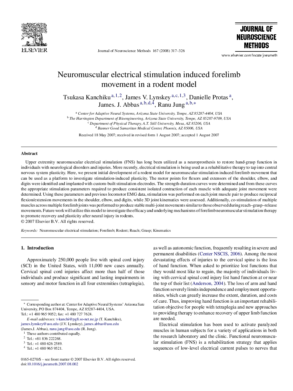 Neuromuscular electrical stimulation induced forelimb movement in a rodent model