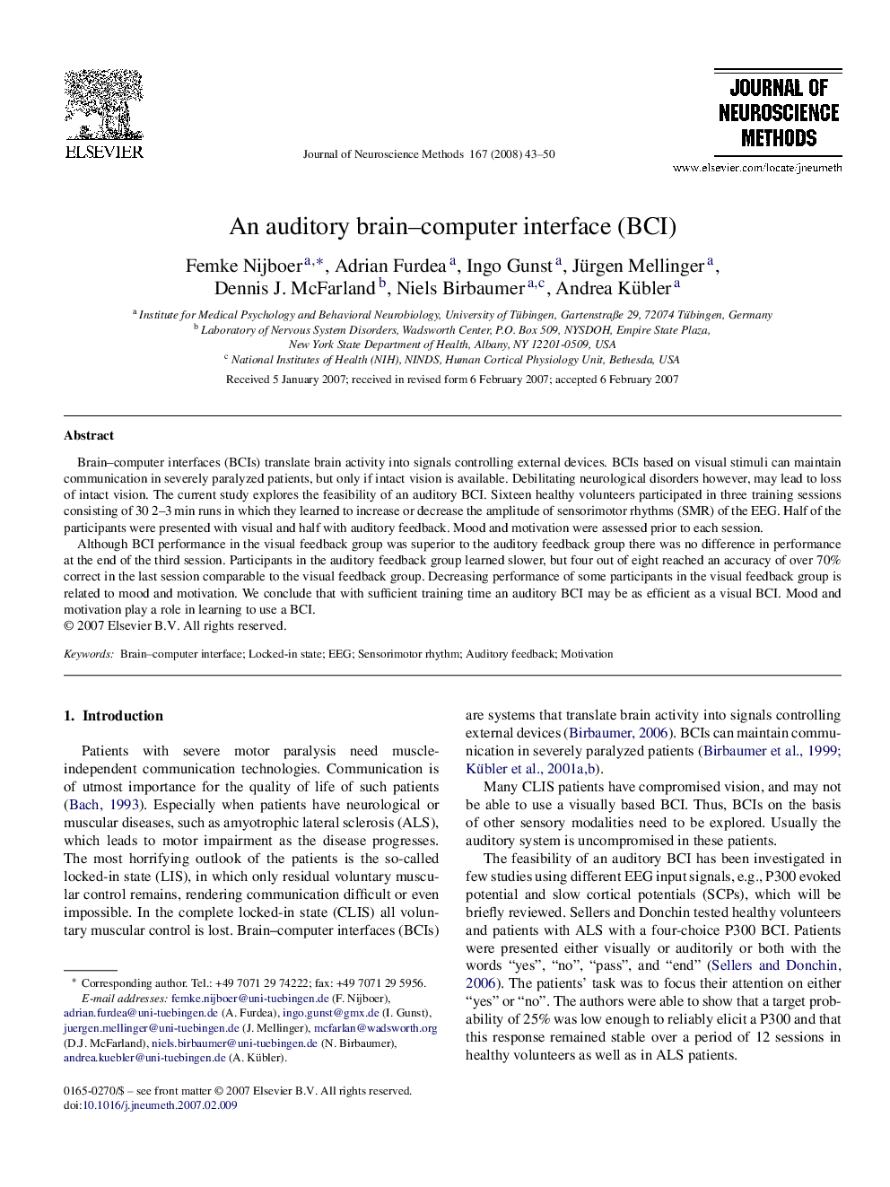 An auditory brain–computer interface (BCI)