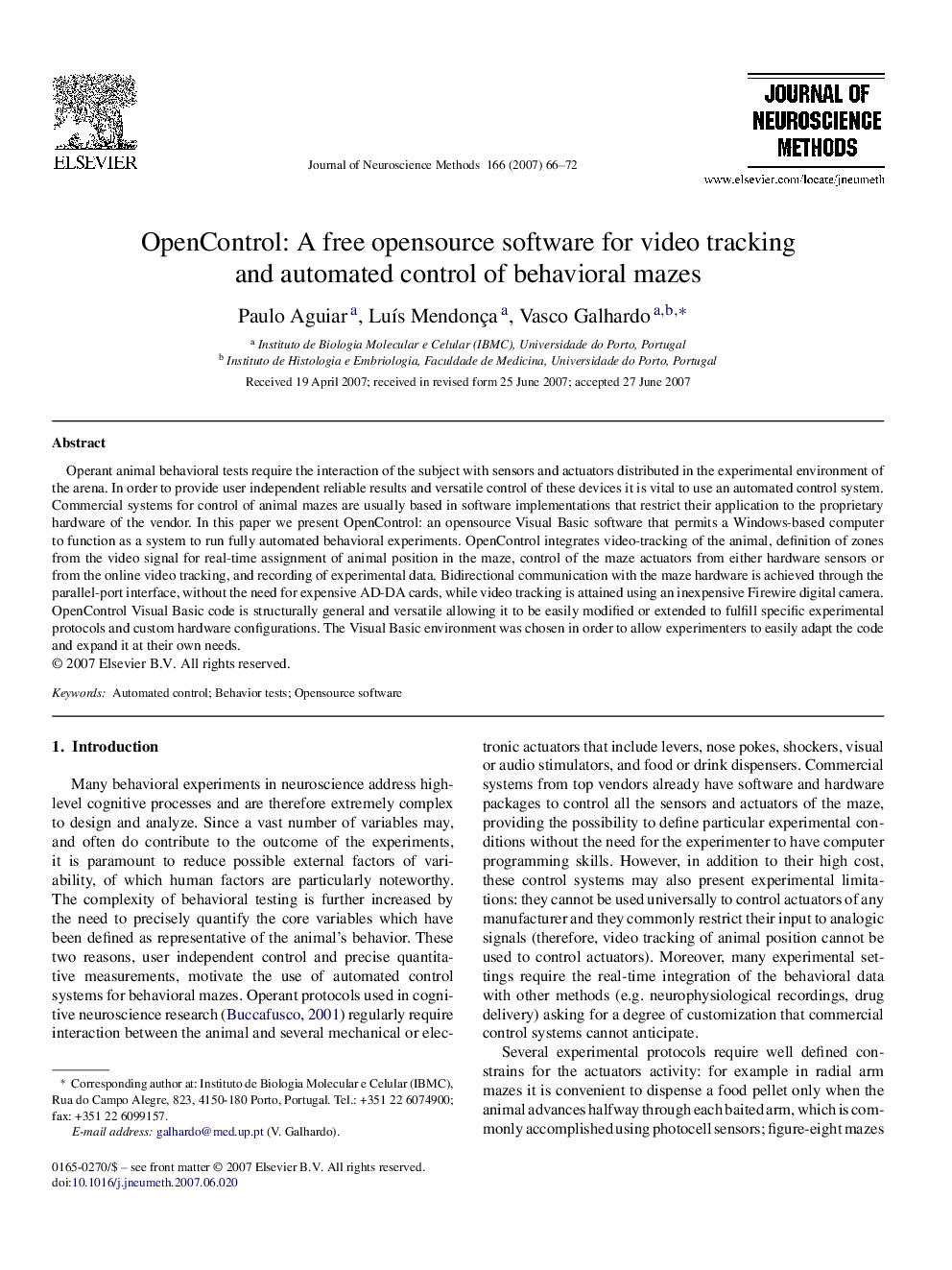 OpenControl: A free opensource software for video tracking and automated control of behavioral mazes