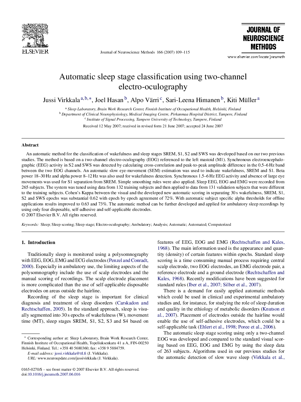 Automatic sleep stage classification using two-channel electro-oculography