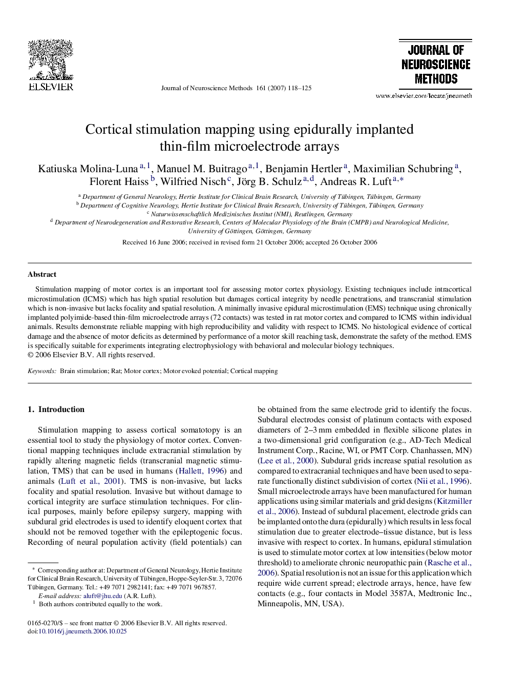 Cortical stimulation mapping using epidurally implanted thin-film microelectrode arrays