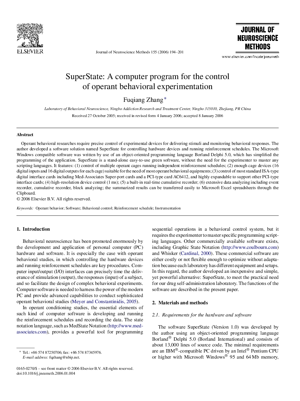 SuperState: A computer program for the control of operant behavioral experimentation