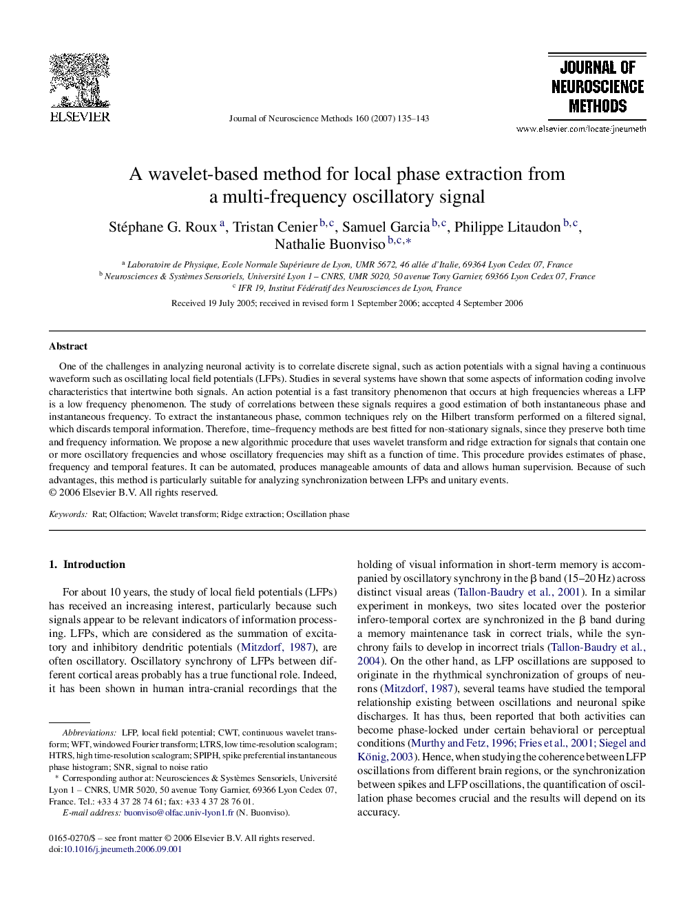 A wavelet-based method for local phase extraction from a multi-frequency oscillatory signal