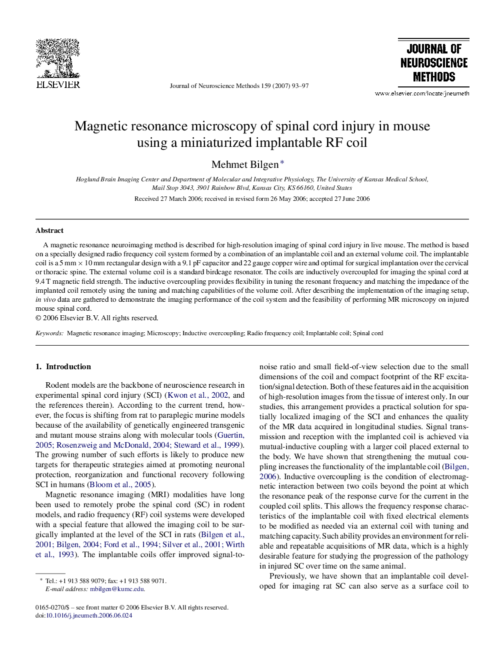 Magnetic resonance microscopy of spinal cord injury in mouse using a miniaturized implantable RF coil