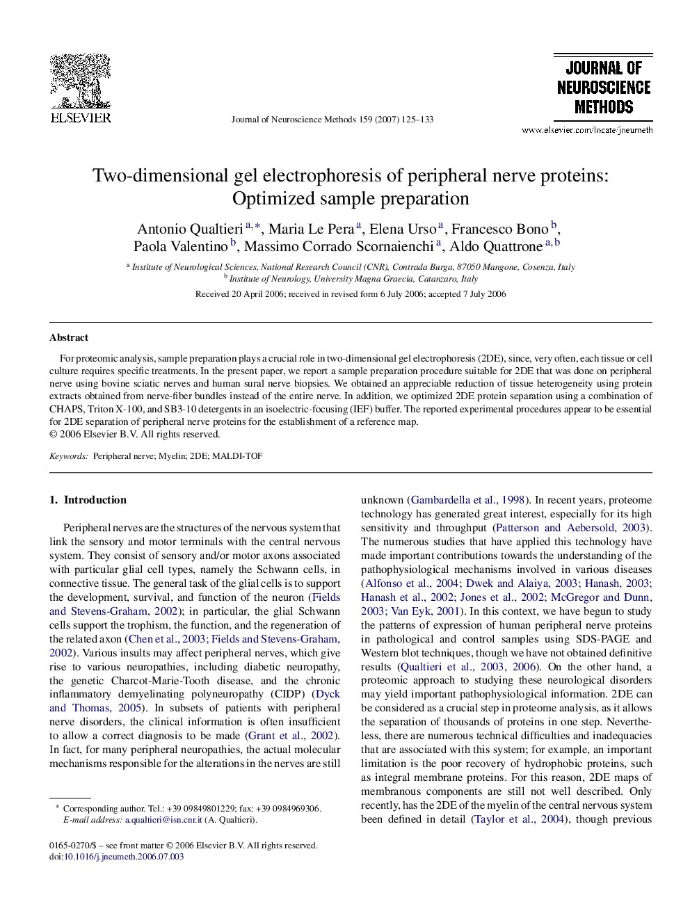 Two-dimensional gel electrophoresis of peripheral nerve proteins: Optimized sample preparation