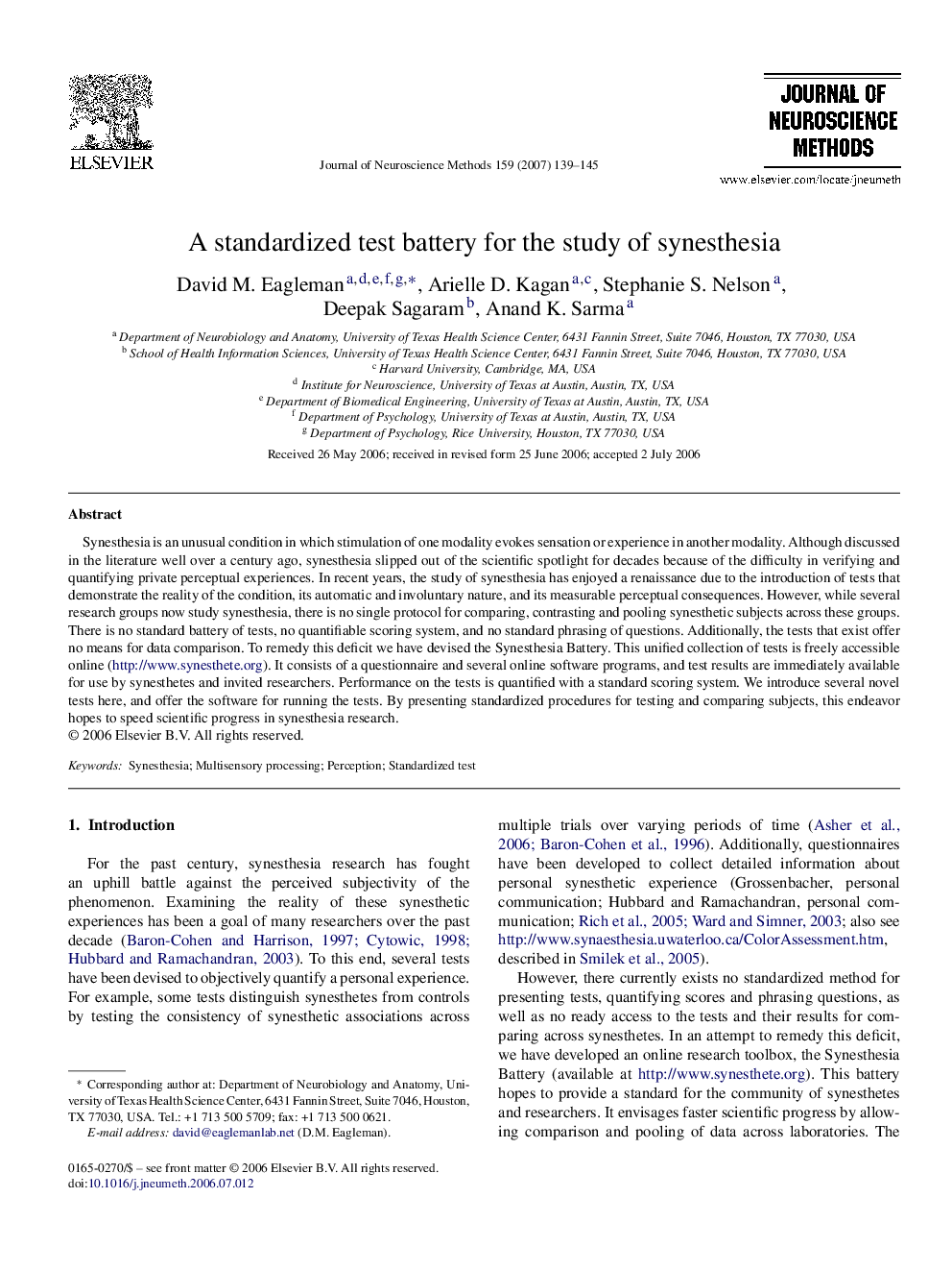 A standardized test battery for the study of synesthesia