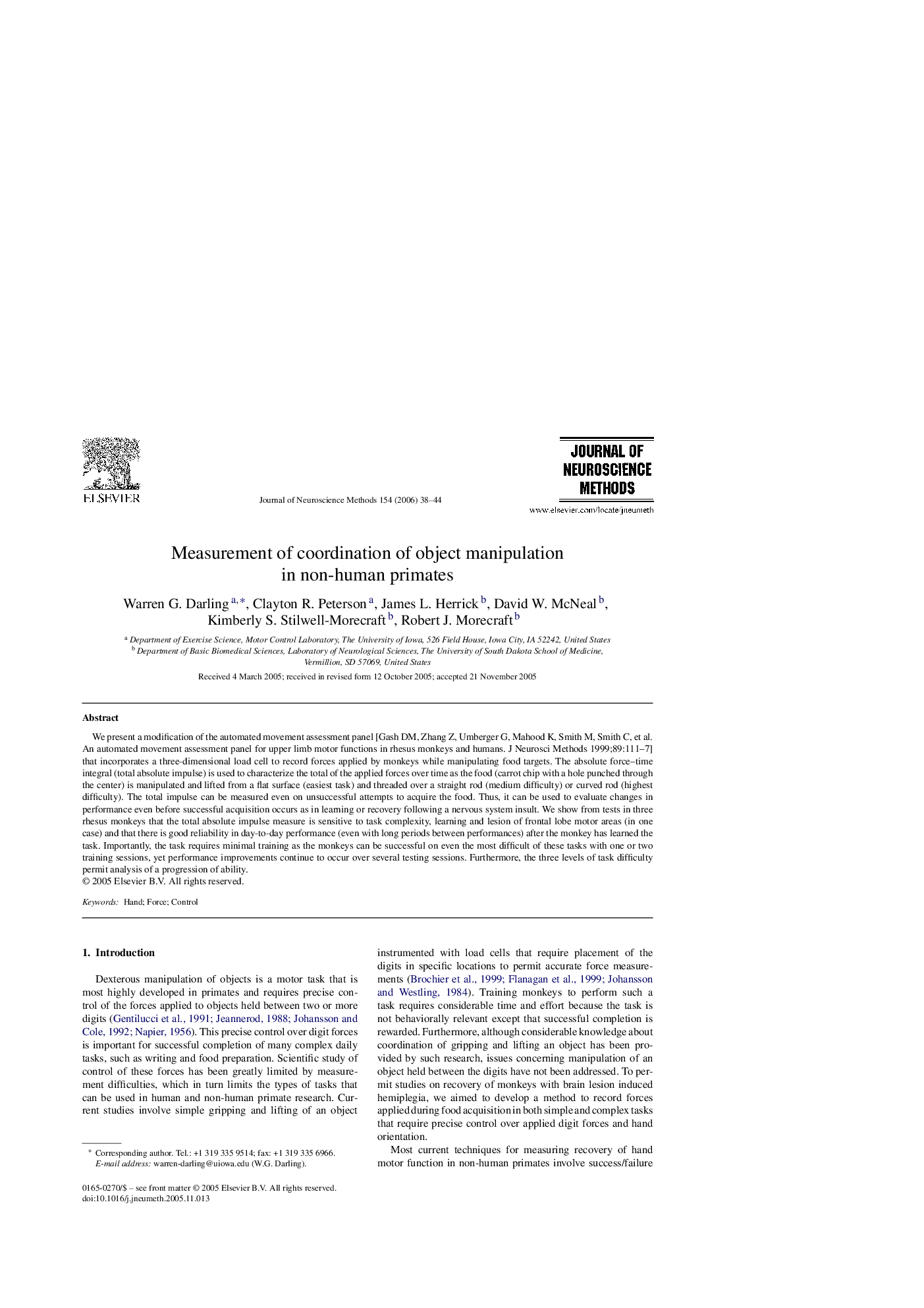 عکس صفحه اول مقاله: Measurement of coordination of object manipulation in non-human primates Measurement of coordination of object manipulation in non-human primates