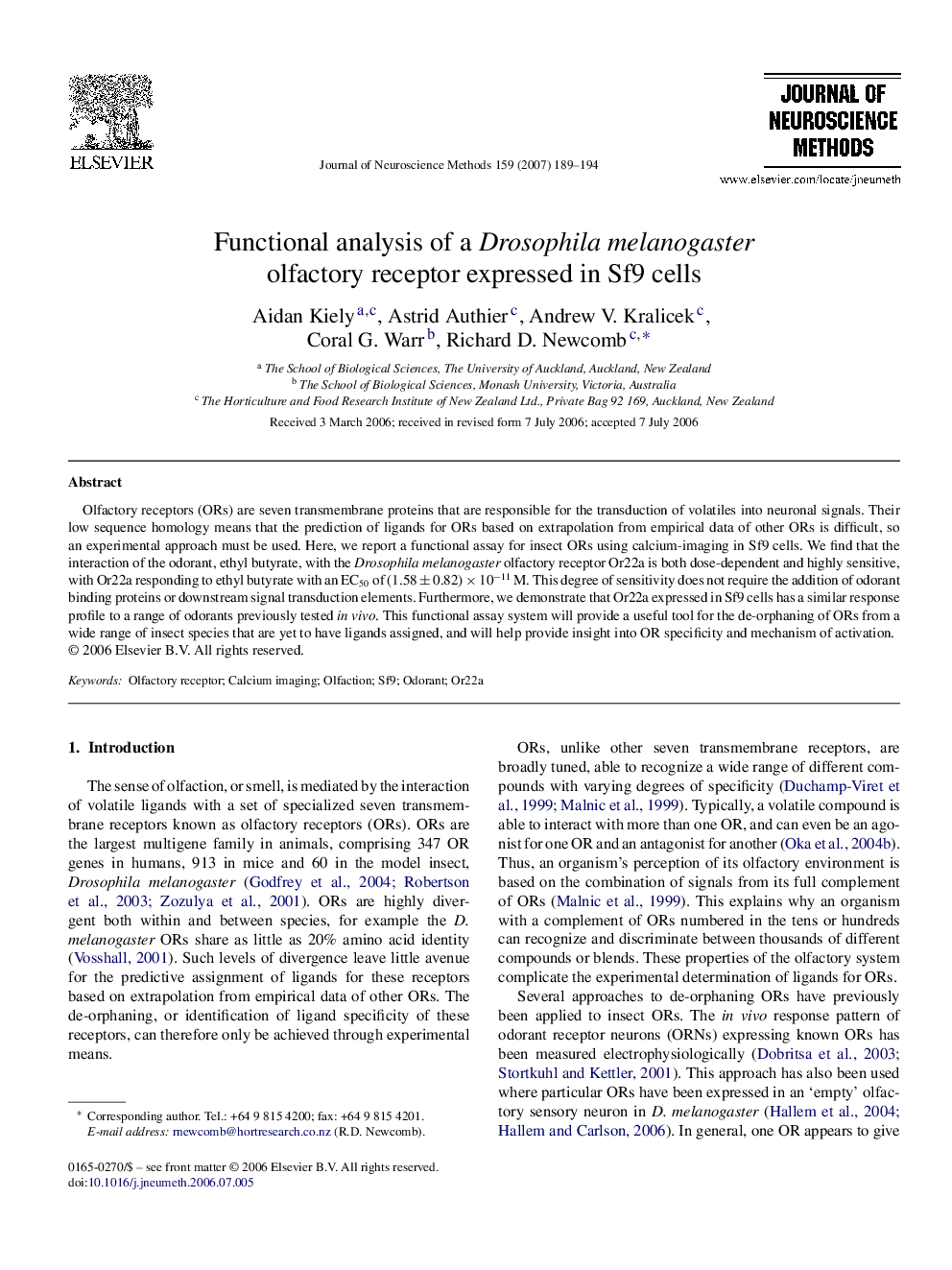 Functional analysis of a Drosophila melanogaster olfactory receptor expressed in Sf9 cells