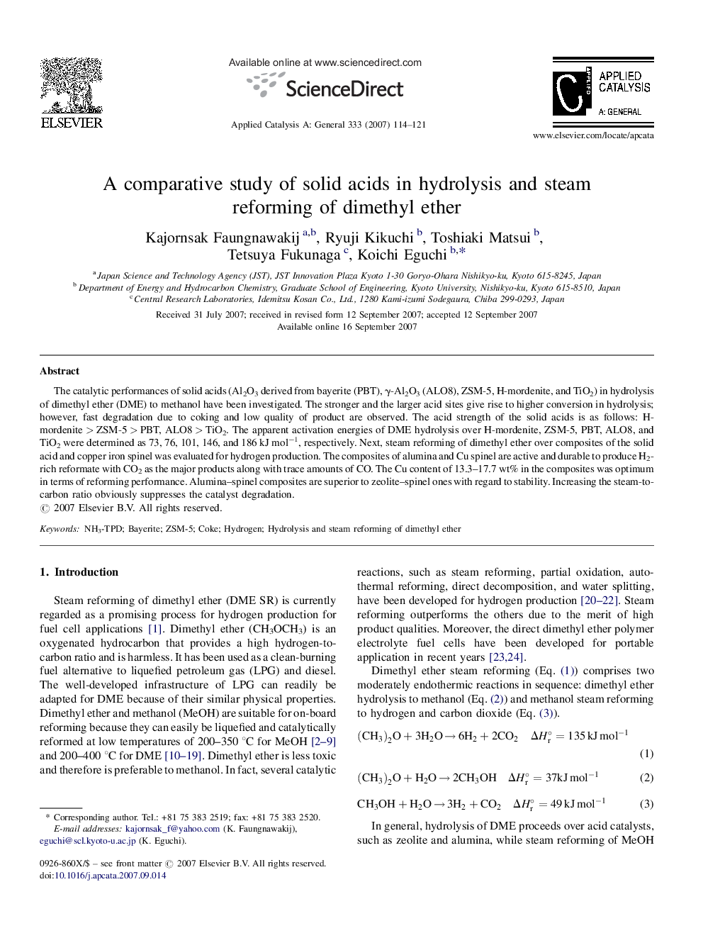 A comparative study of solid acids in hydrolysis and steam reforming of dimethyl ether