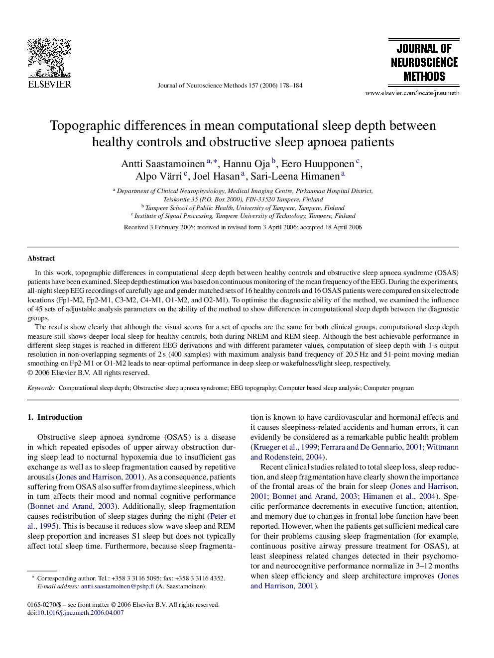 Topographic differences in mean computational sleep depth between healthy controls and obstructive sleep apnoea patients