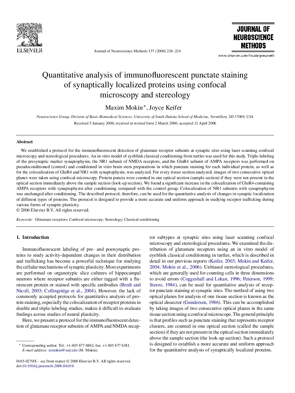 Quantitative analysis of immunofluorescent punctate staining of synaptically localized proteins using confocal microscopy and stereology