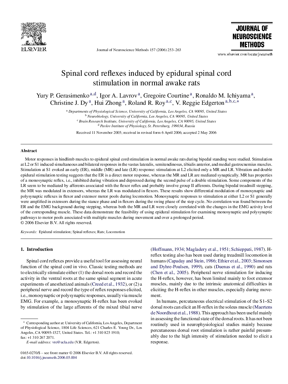 Spinal cord reflexes induced by epidural spinal cord stimulation in normal awake rats